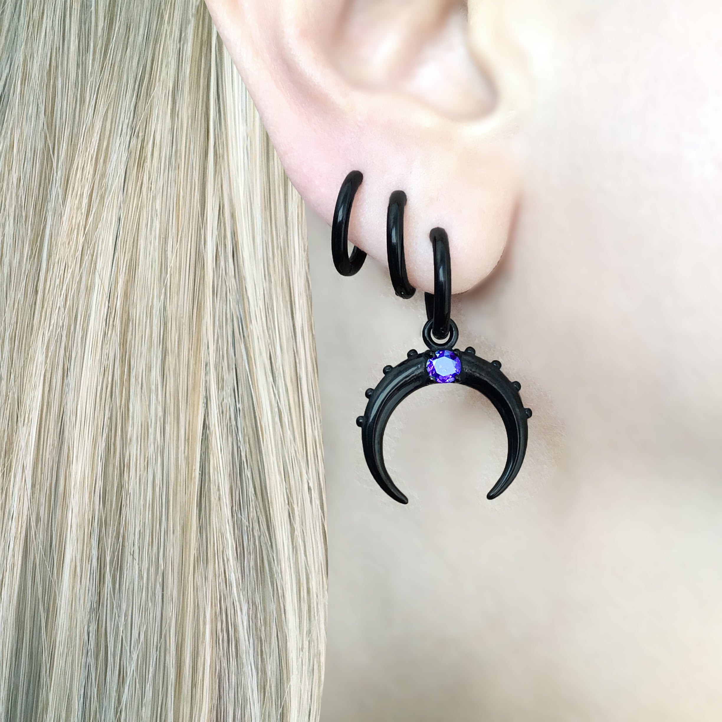 MOON HOOPS WITH PURPLE STONE