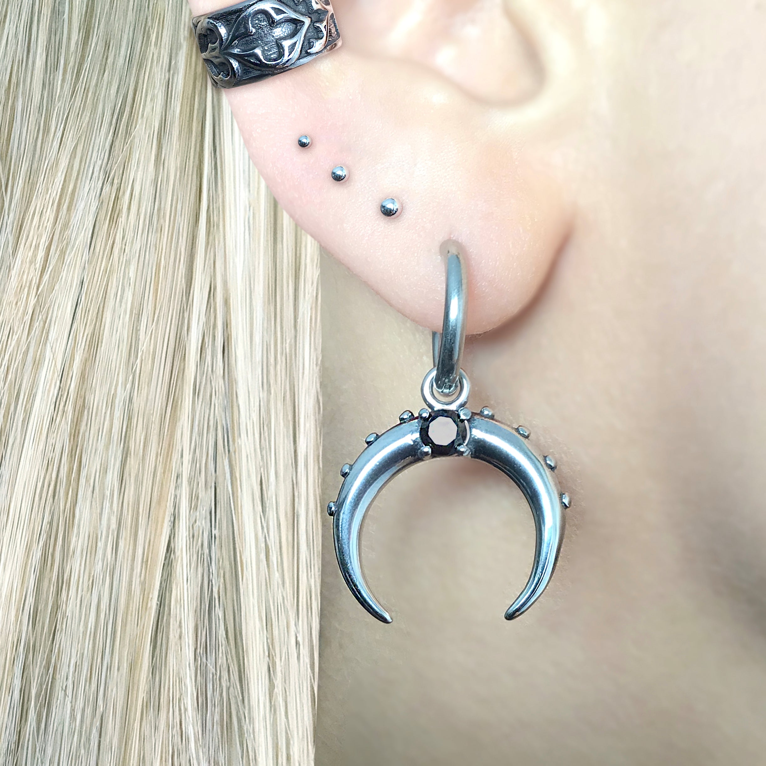 MOON HOOPS WITH BLACK STONE