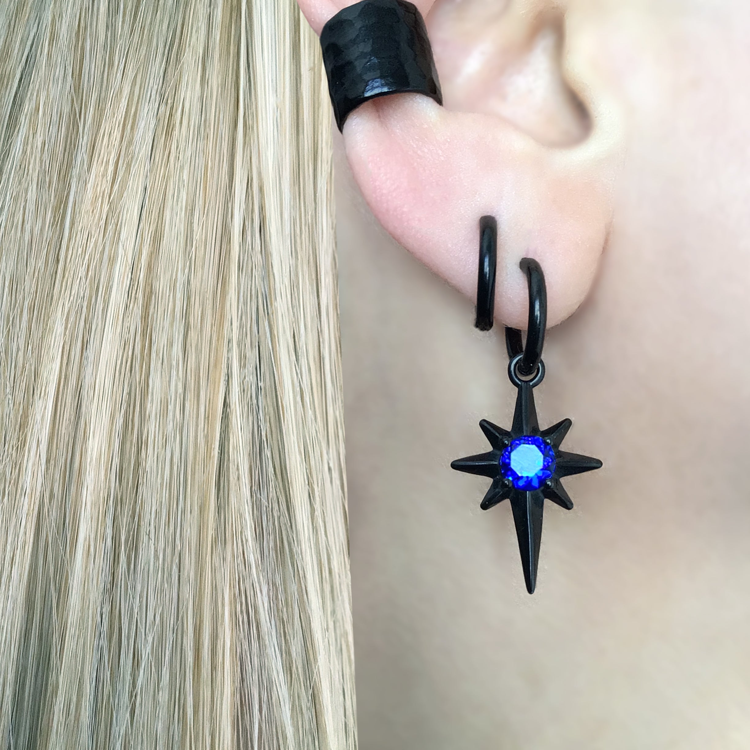 NORTH STAR HOOP EARRINGS WITH PURPLE CZ