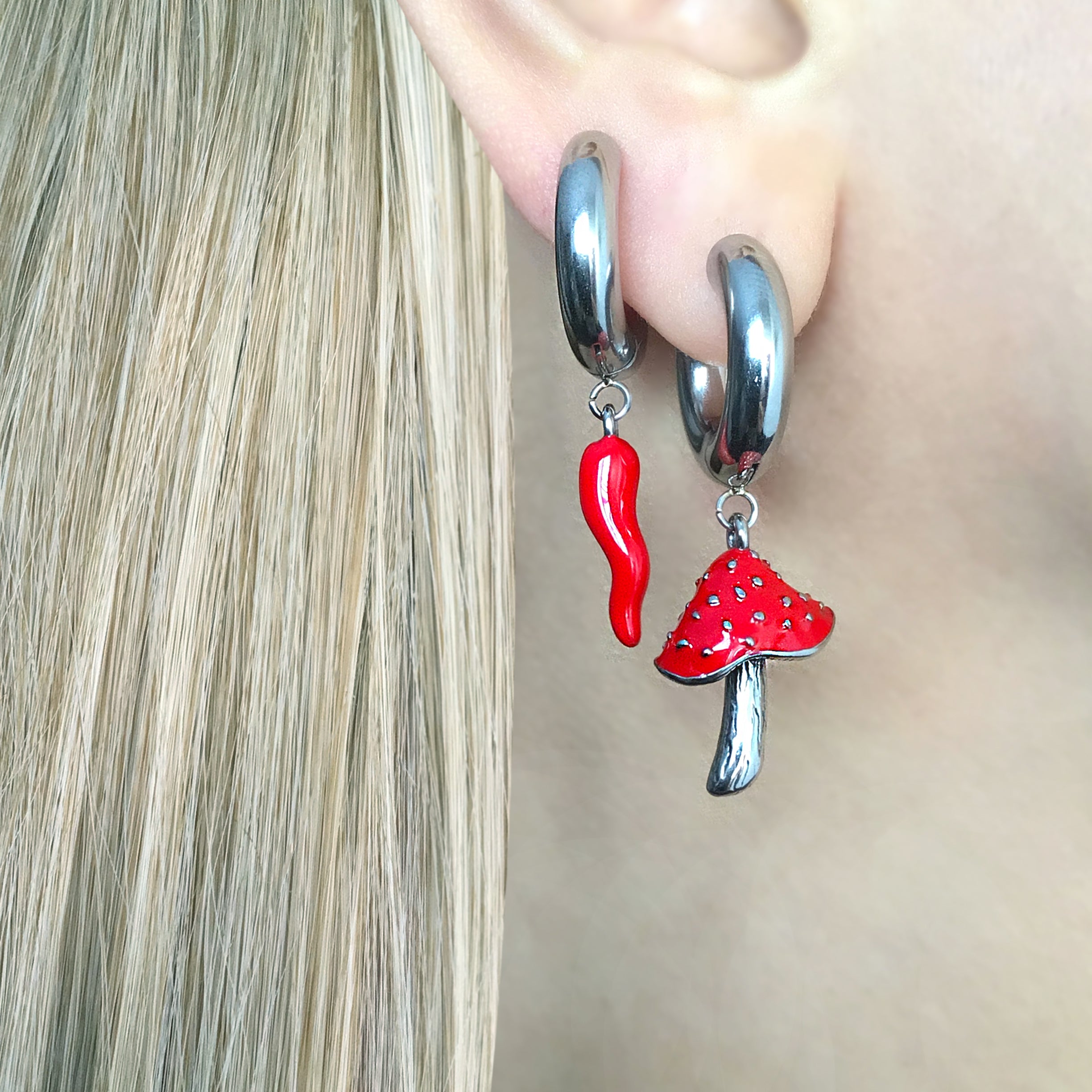 RED MUSHROOM HOOP EARRINGS