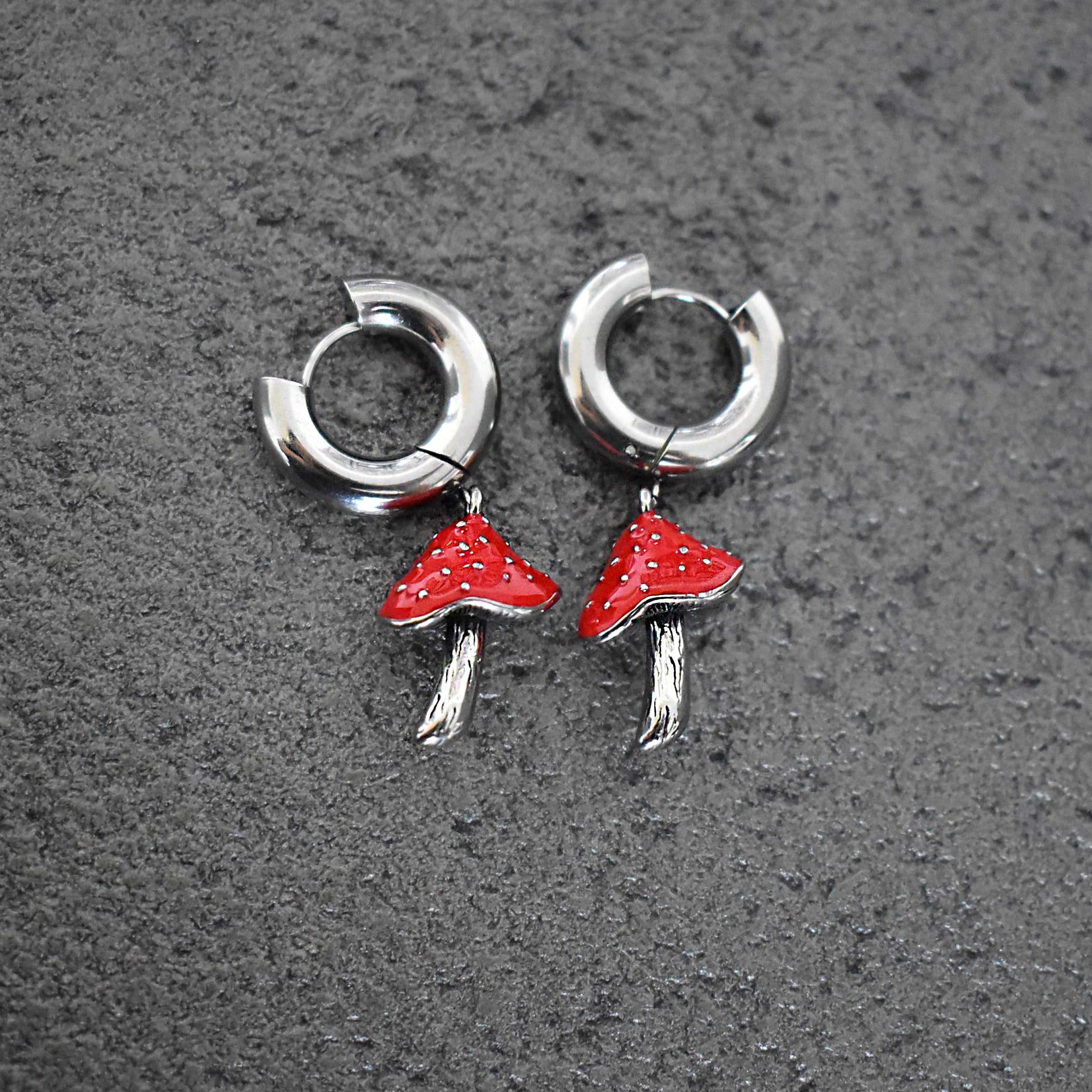 RED MUSHROOM HOOP EARRINGS