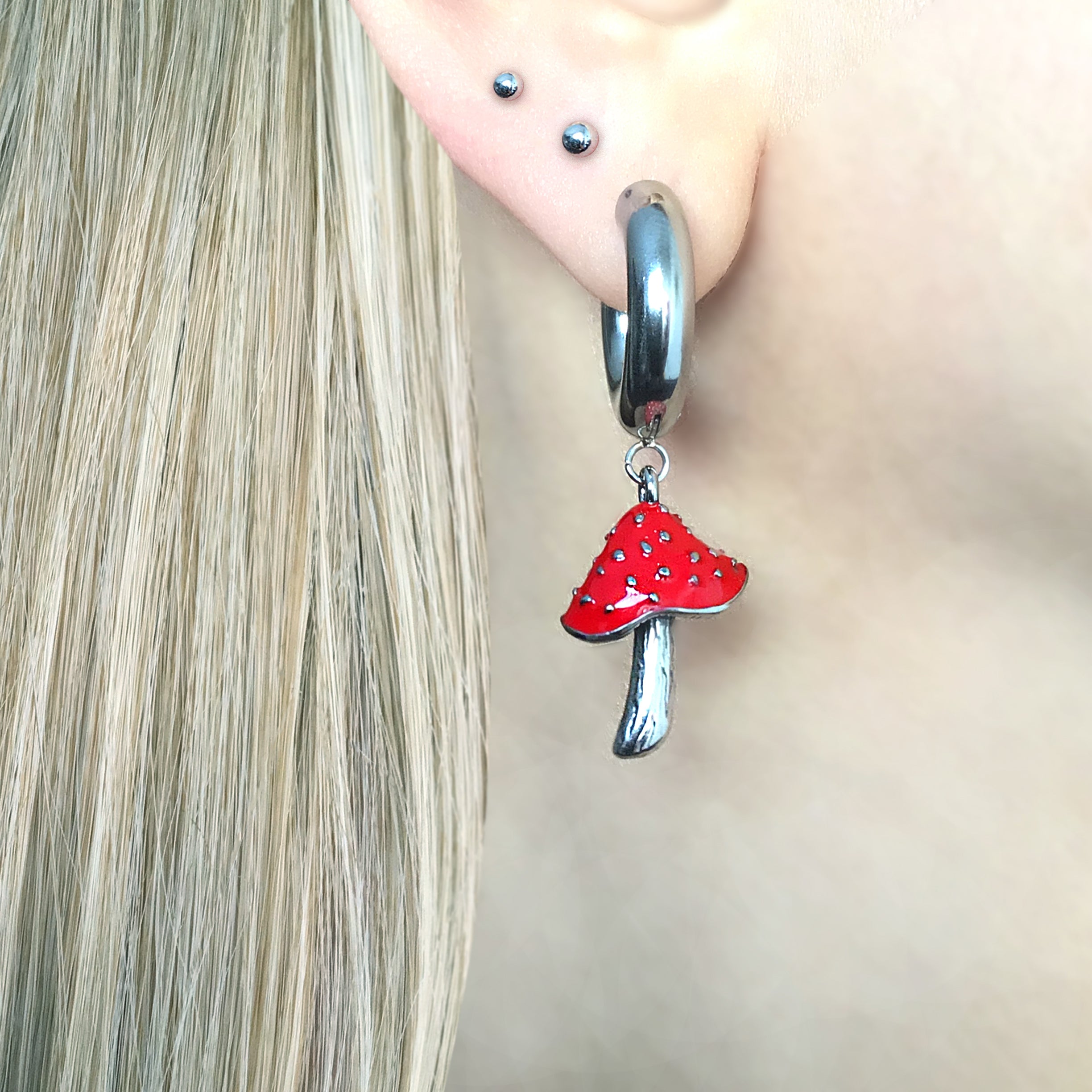 RED MUSHROOM HOOP EARRINGS