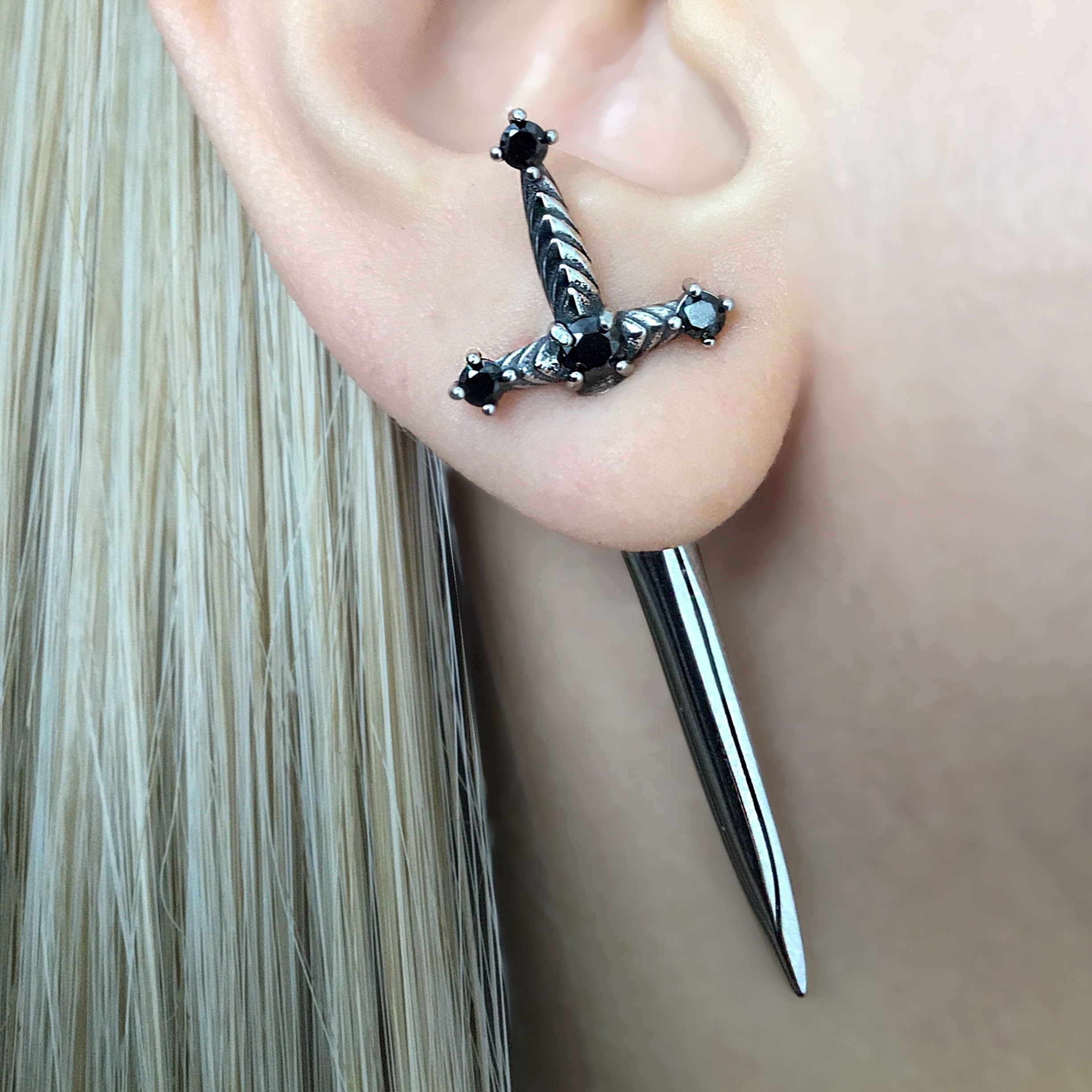 SWORD EARRINGS WITH BLACK CZ