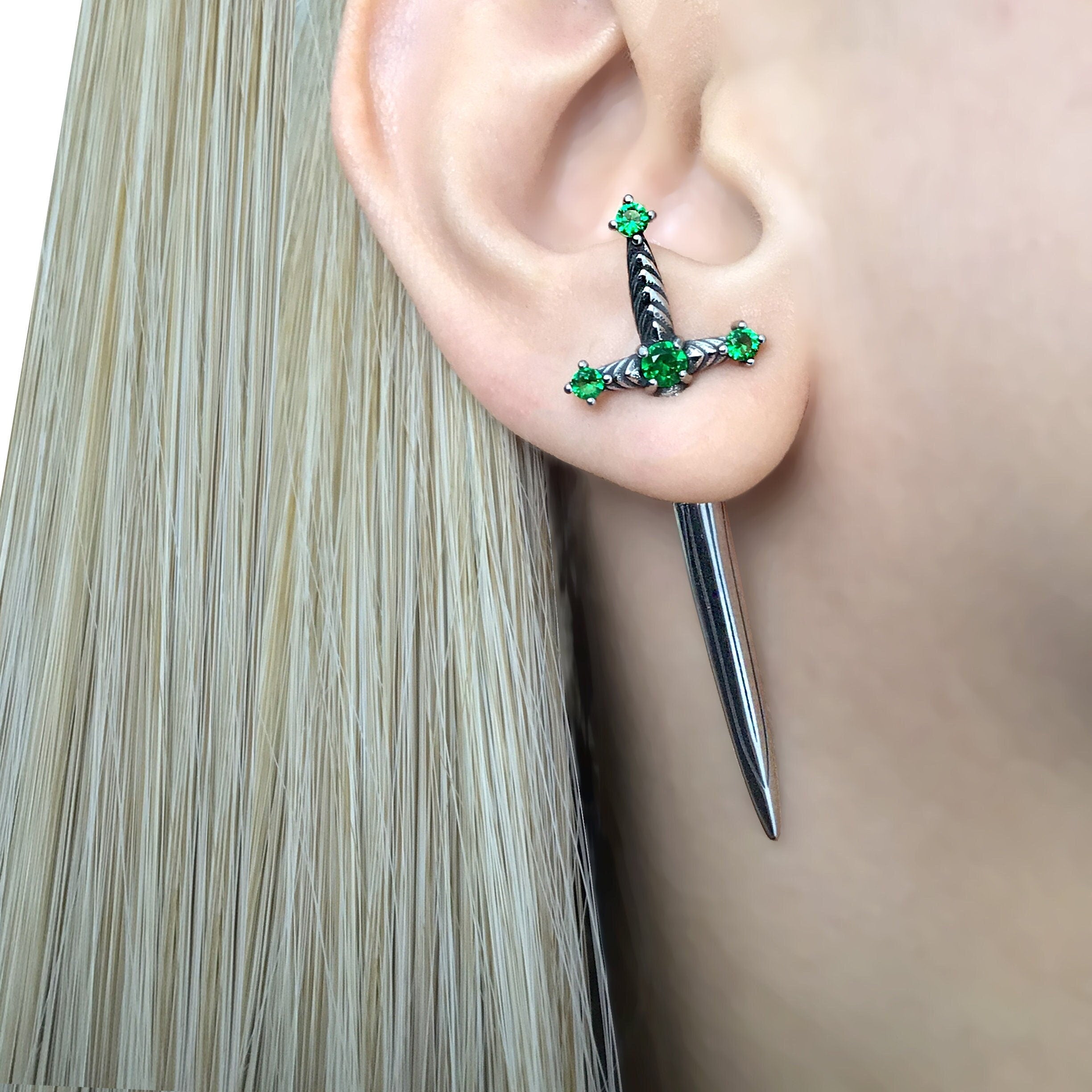 SWORD EARRINGS WITH EMERALD CZ