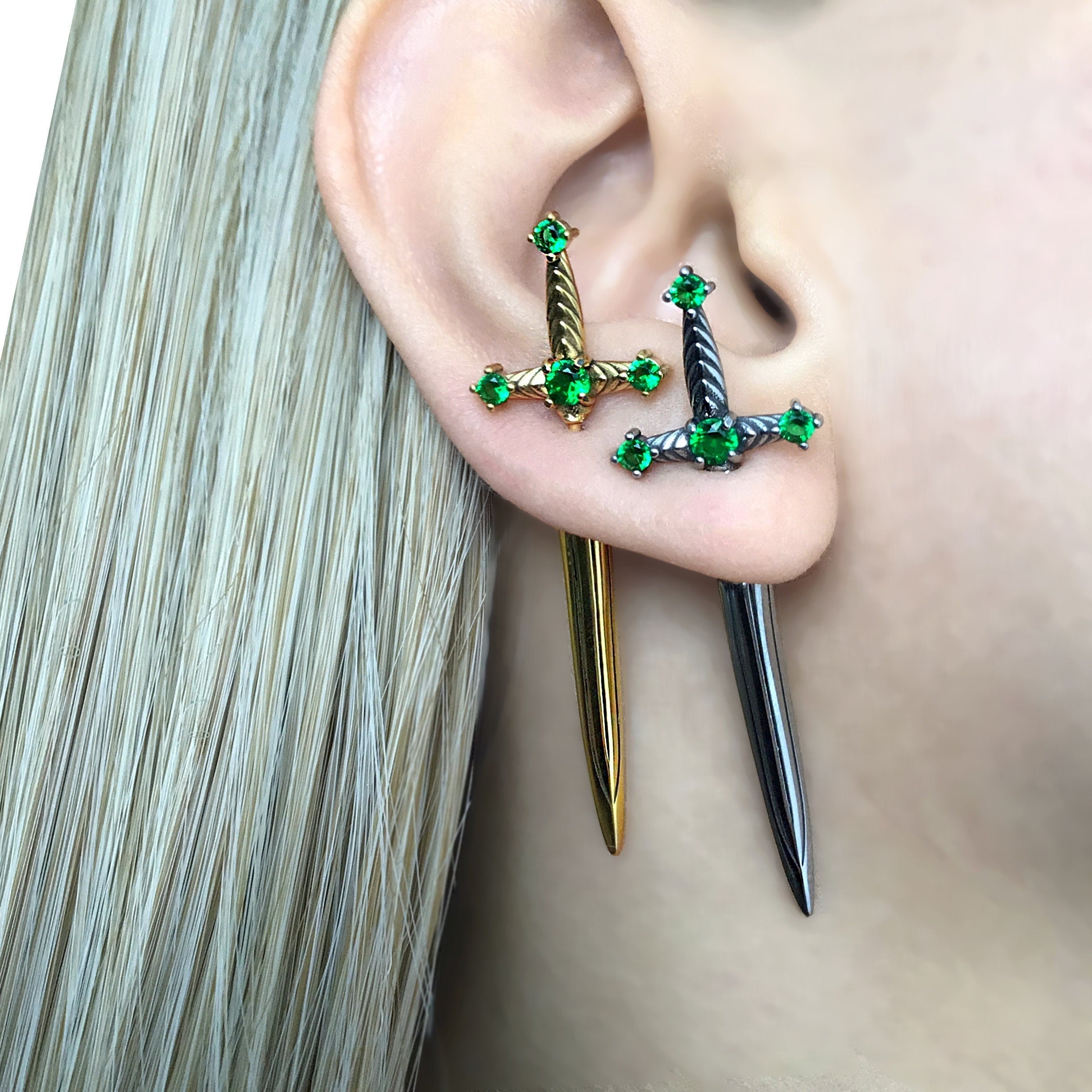 SWORD EARRINGS WITH EMERALD CZ