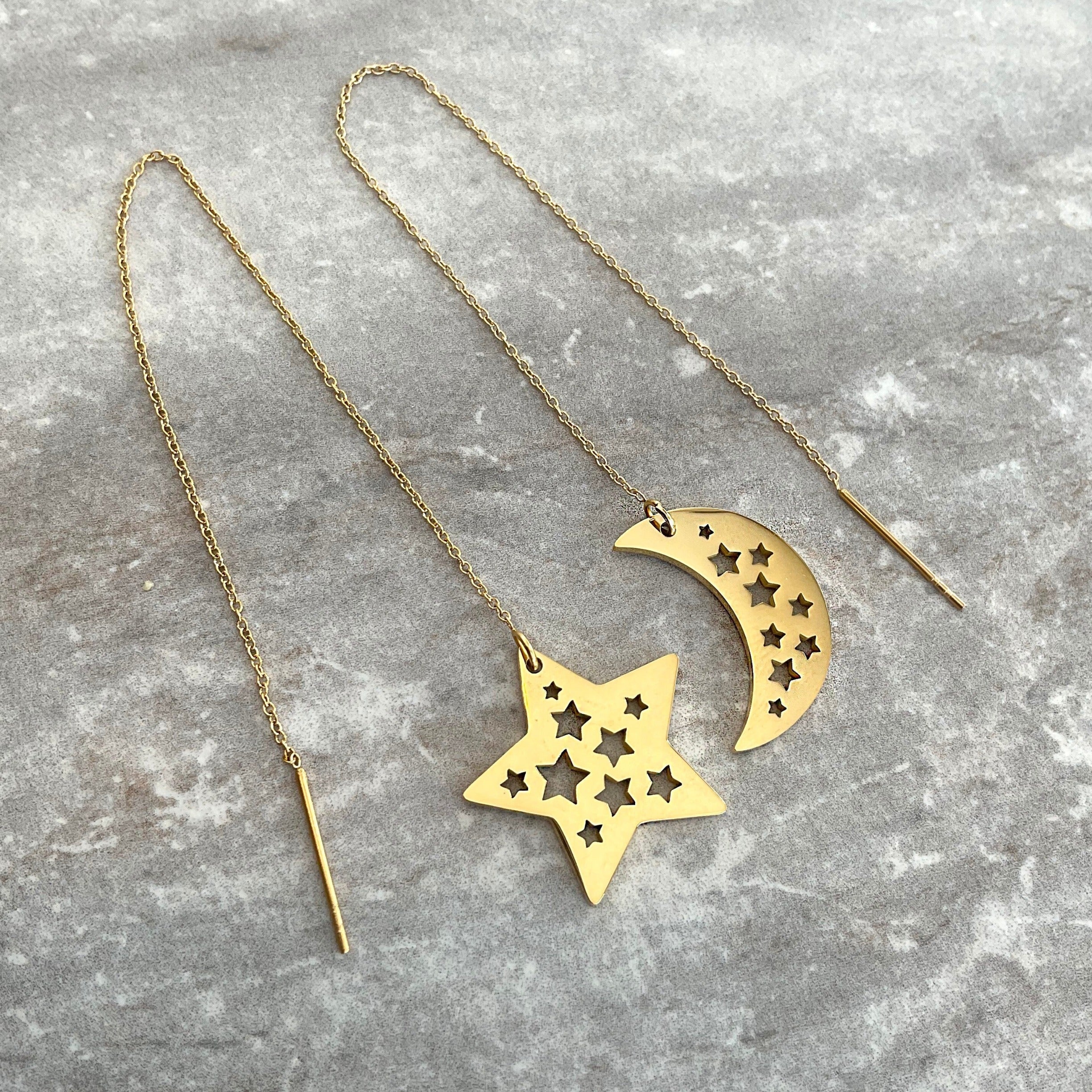 MOON AND STAR THREADER EARRINGS