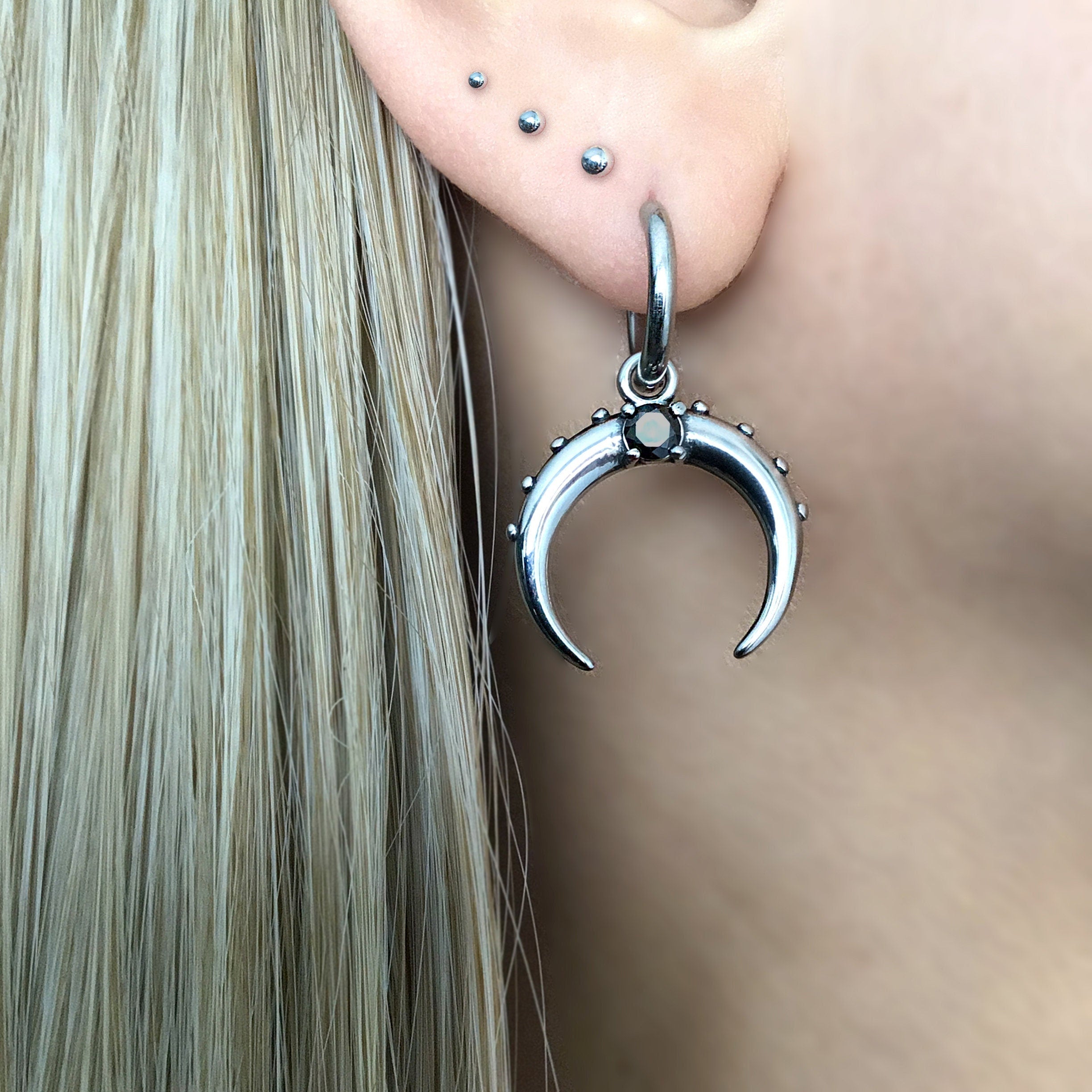 MOON HOOPS WITH BLACK STONE