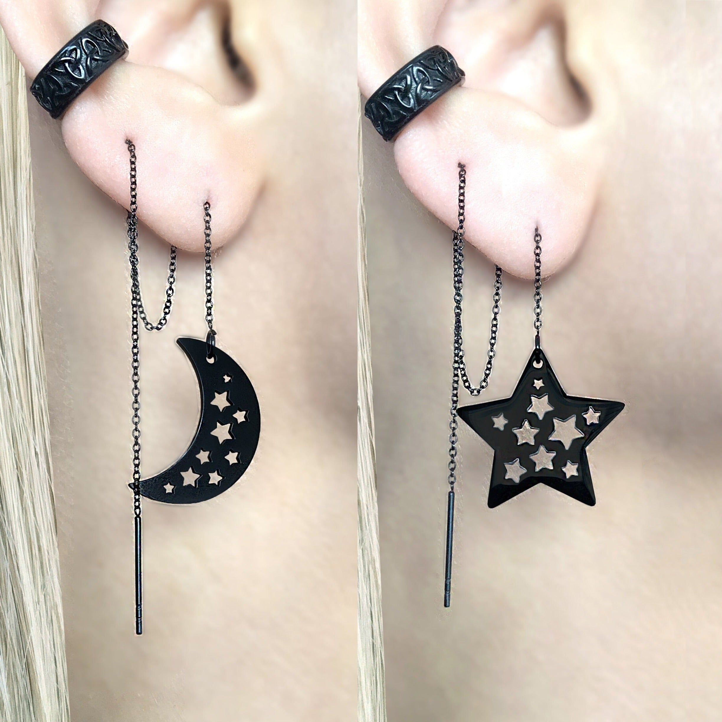 MOON AND STAR THREADER EARRINGS