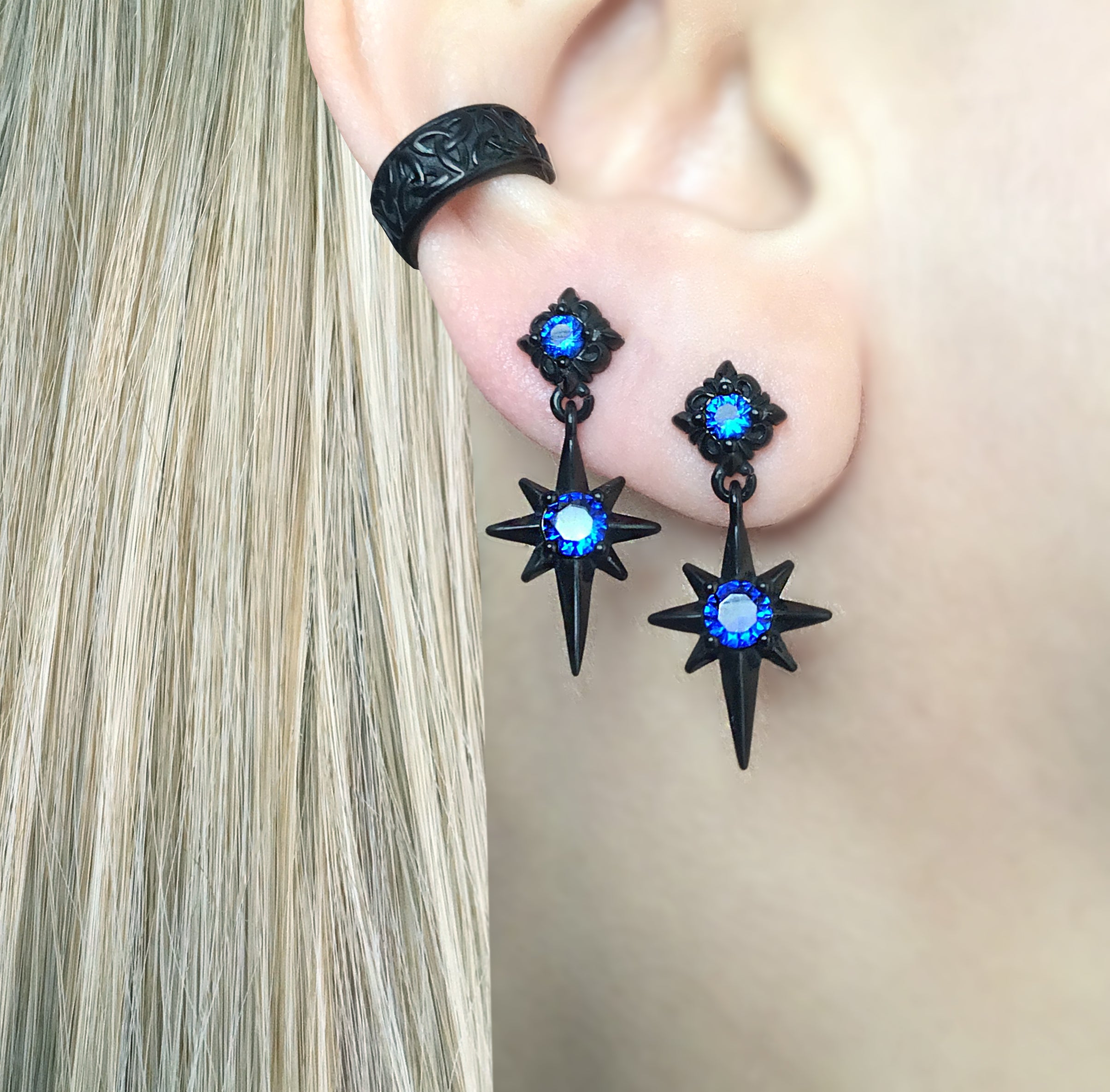 NORTH STAR STUDS WITH SAPPHIRE CZ IN BLACK