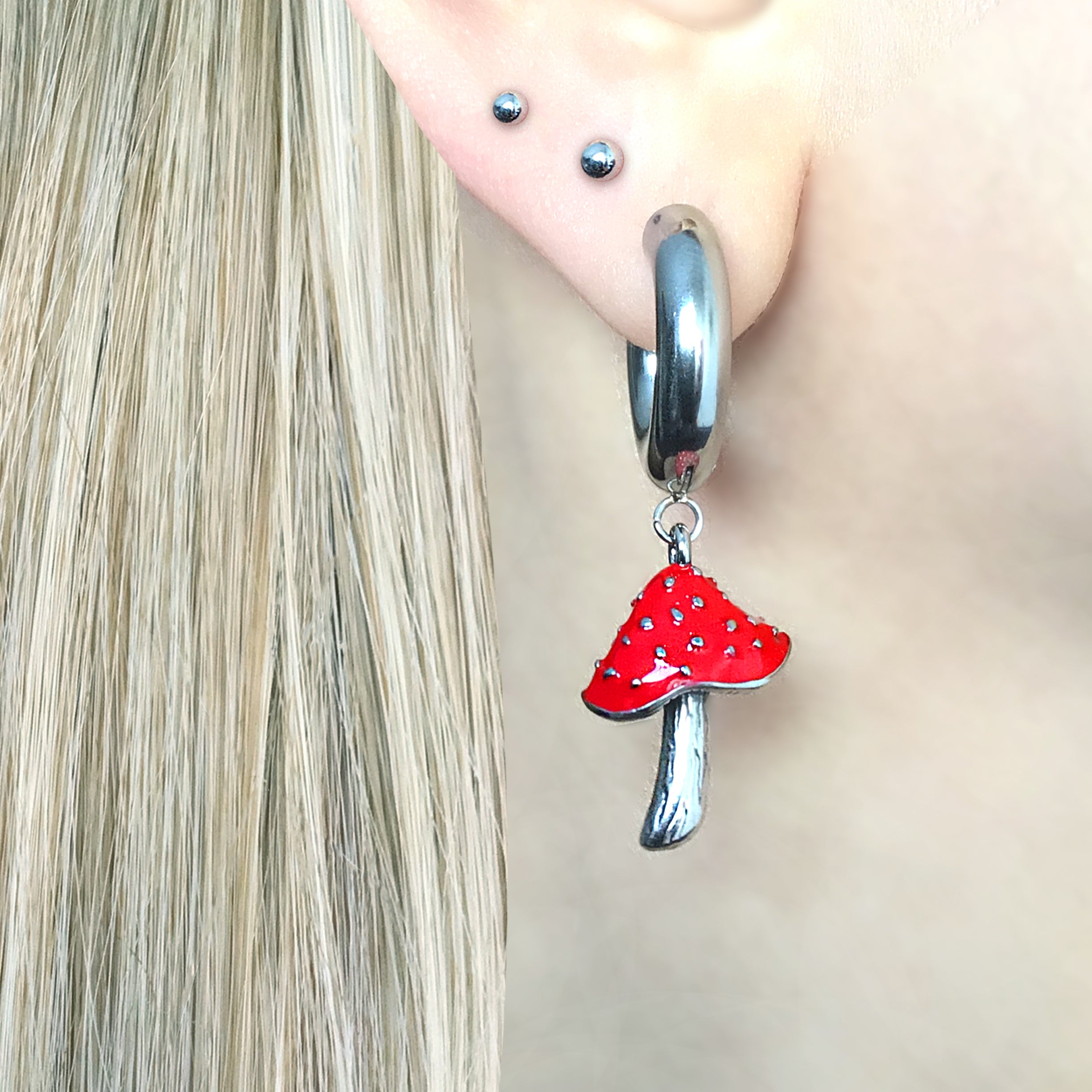 RED MUSHROOM HOOP EARRINGS