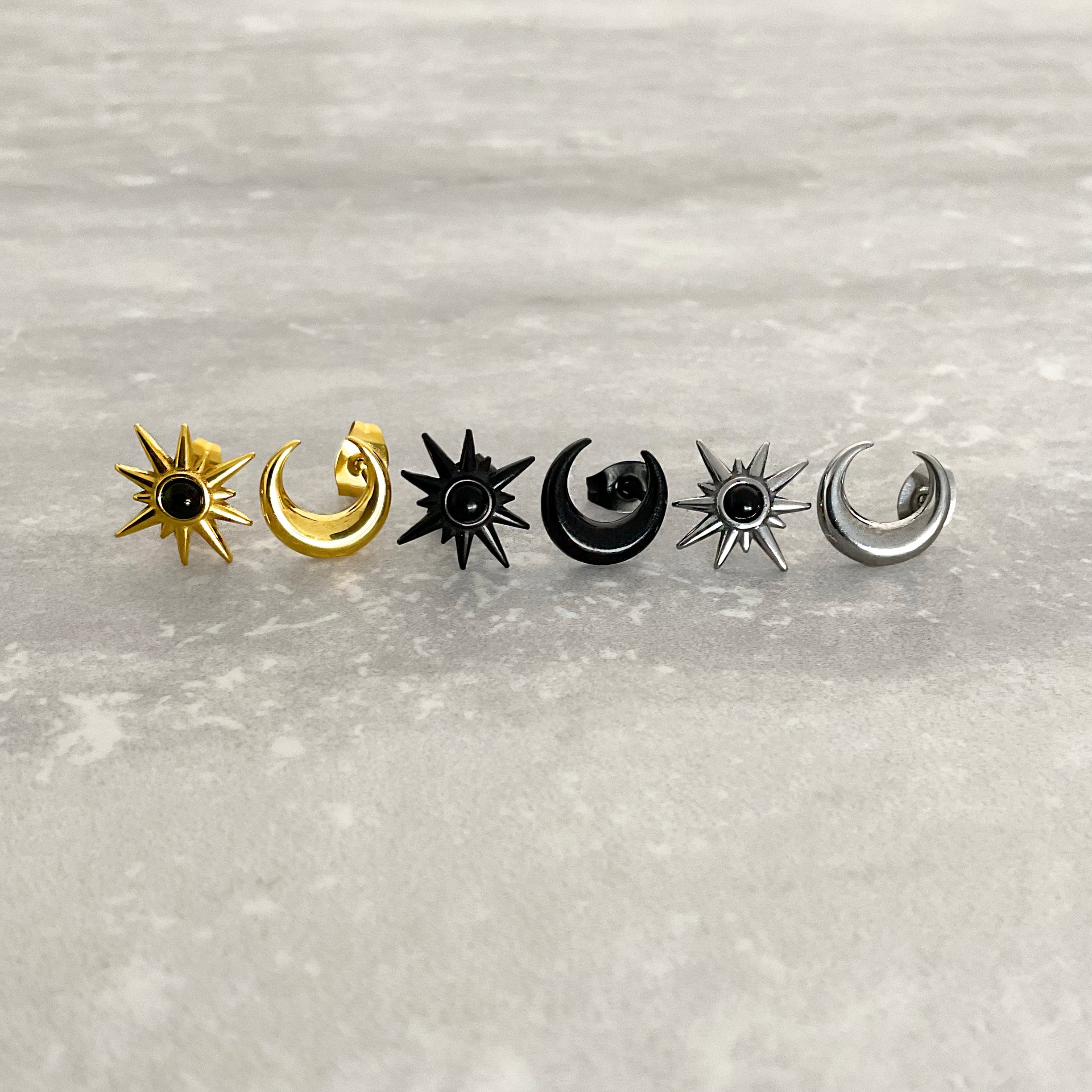 MOON AND STAR MISMATCHED STUDS IN SILVER