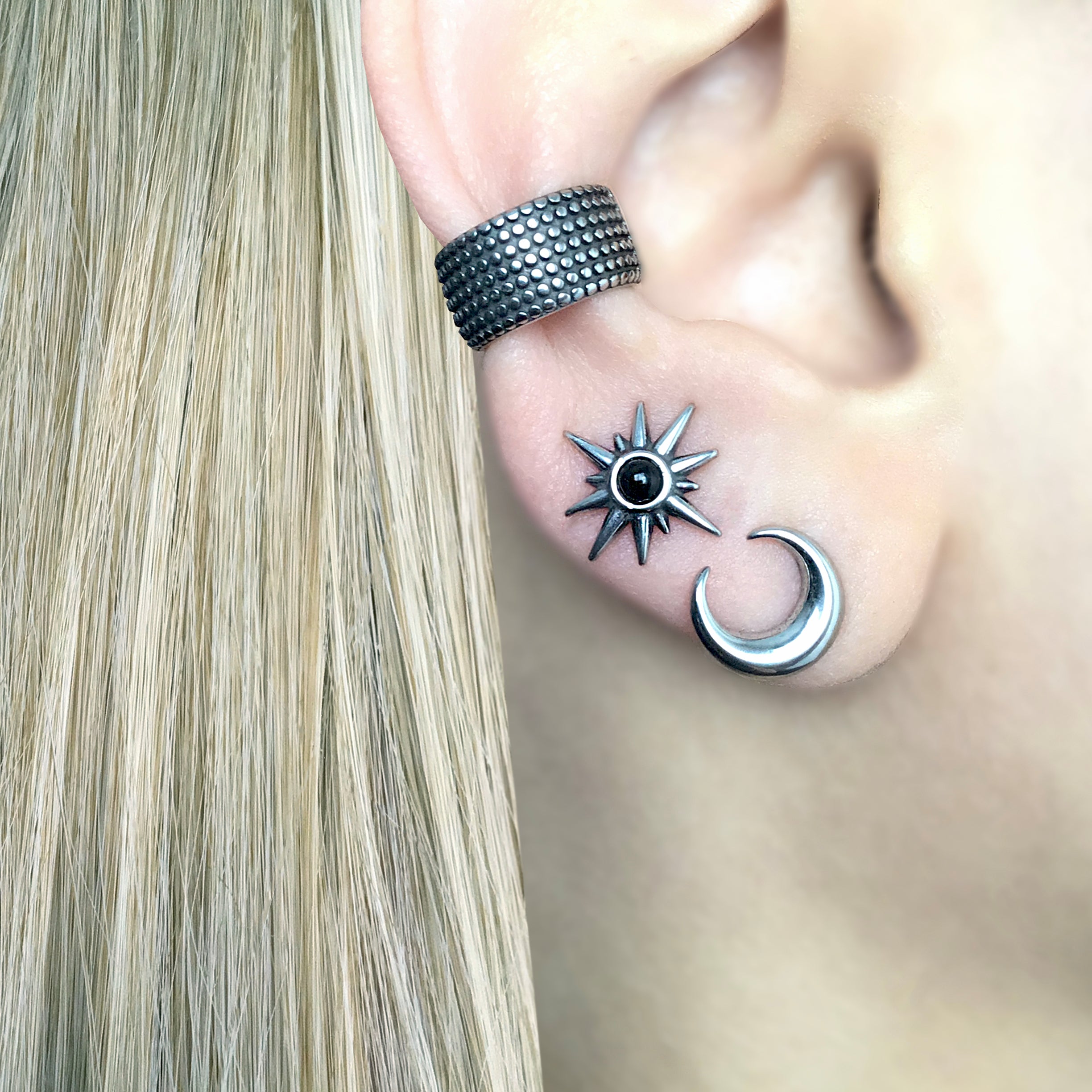 MOON AND STAR MISMATCHED STUDS IN BLACK