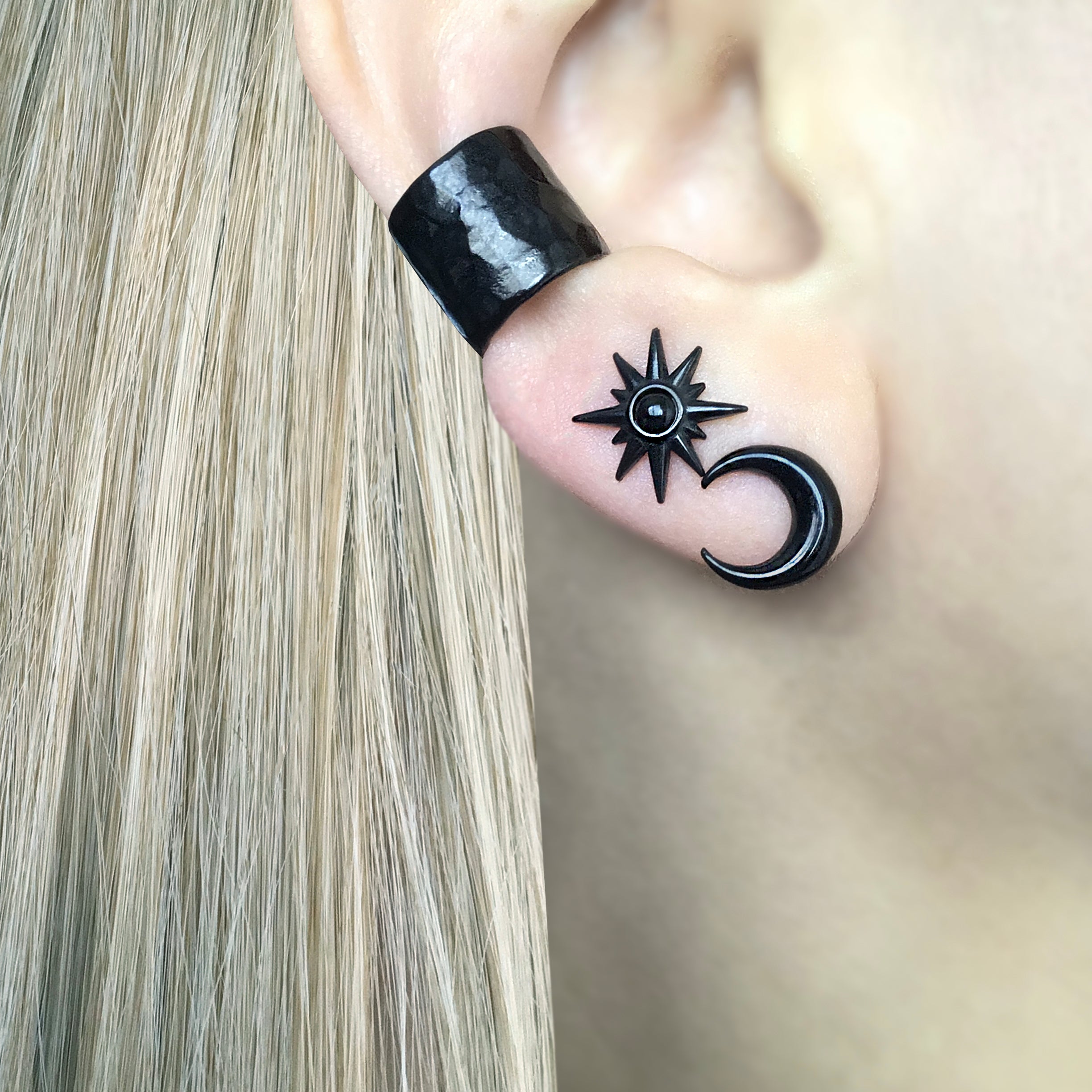 MOON AND STAR MISMATCHED STUDS IN BLACK