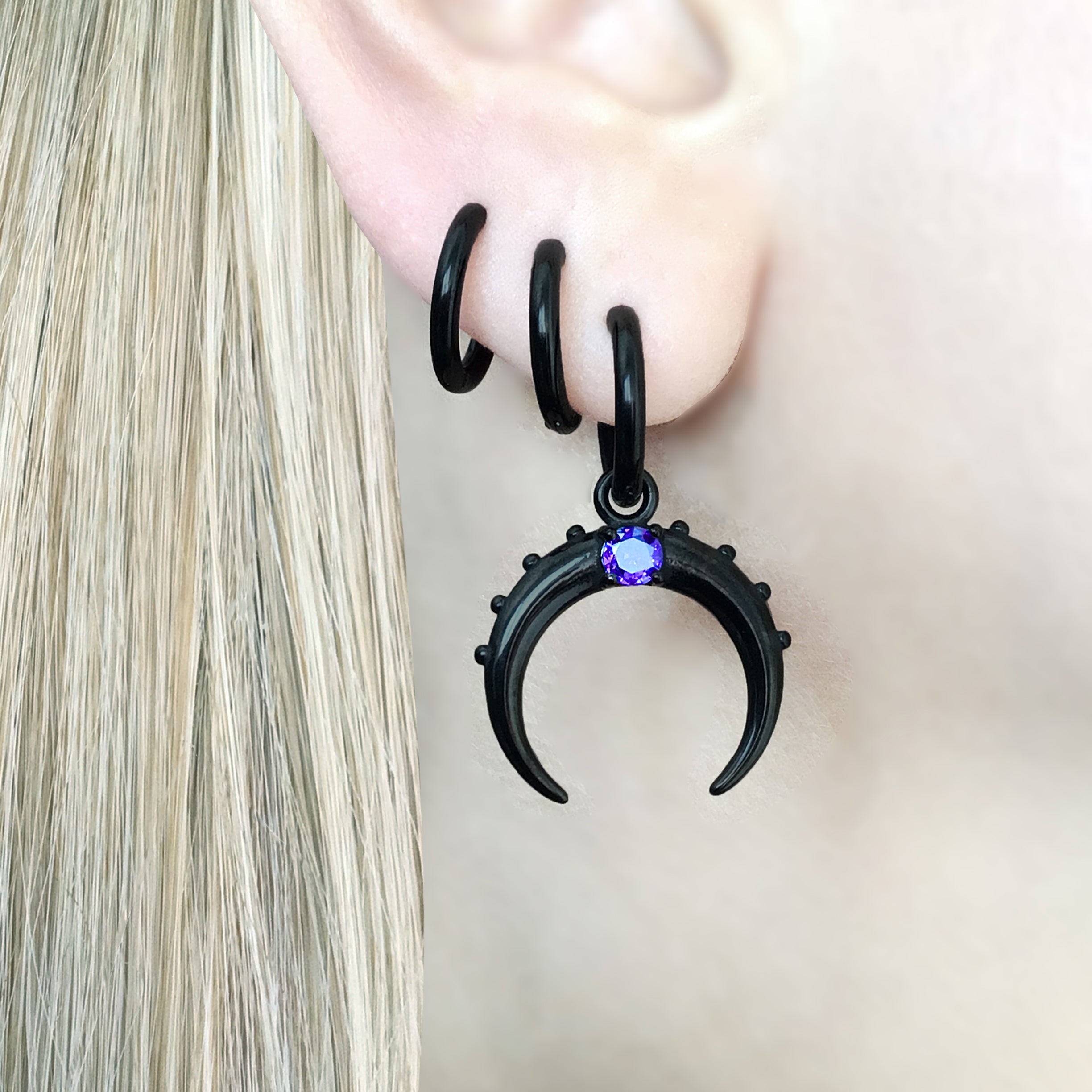 CRESCENT MOON EARRINGS WITH PURPLE STONE