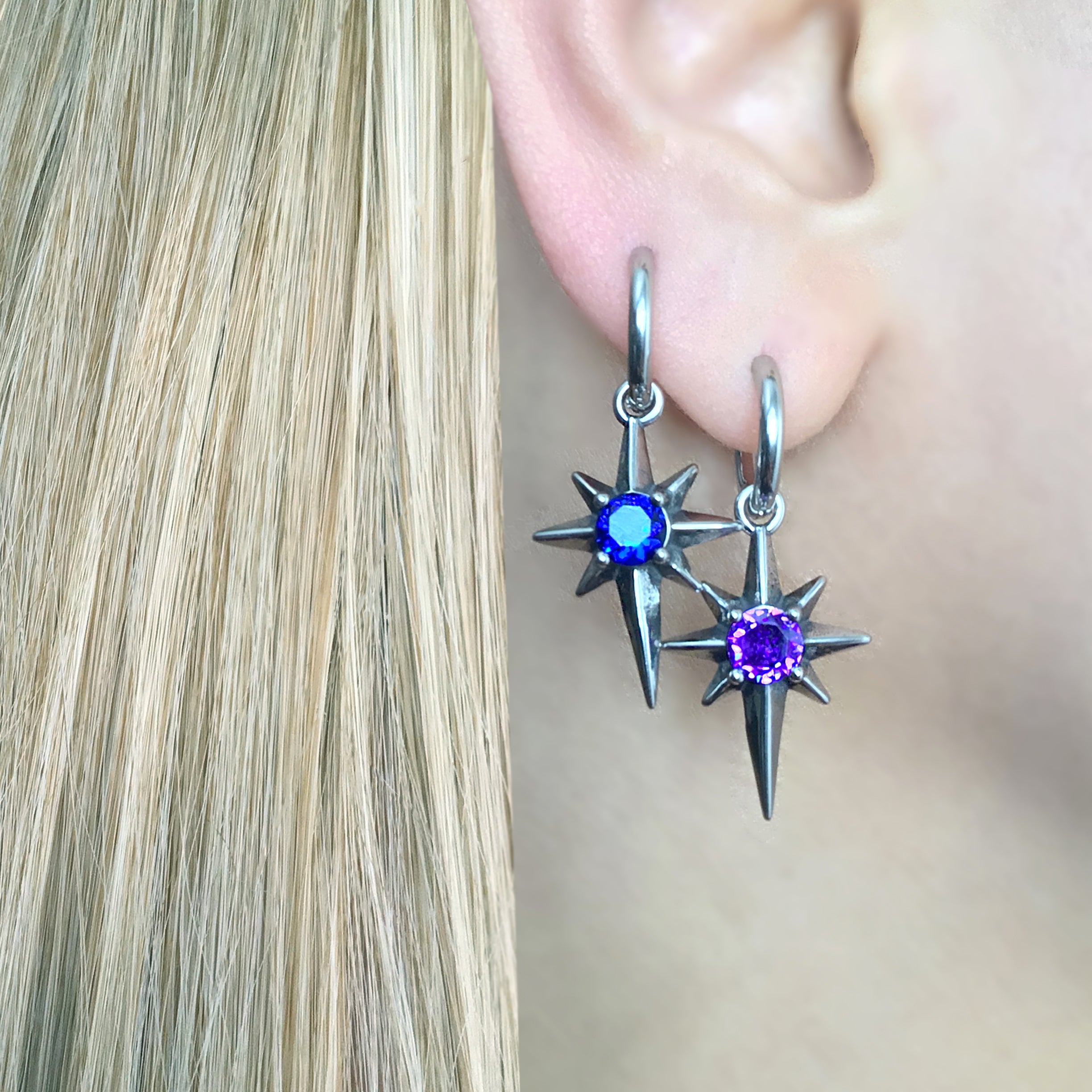 NORTH STAR HOOP EARRINGS WITH SAPPHIRE CZ
