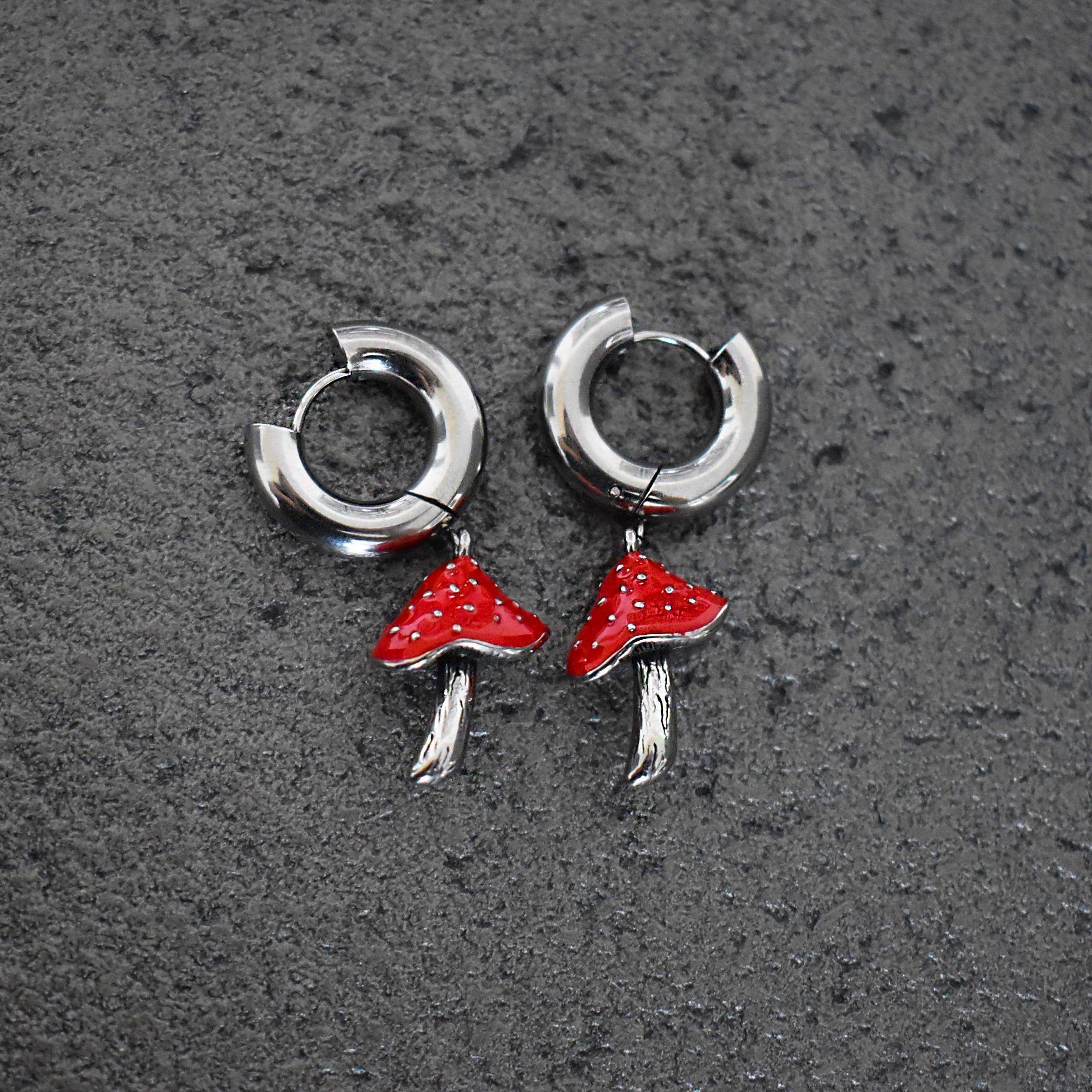 RED MUSHROOM HOOP EARRINGS