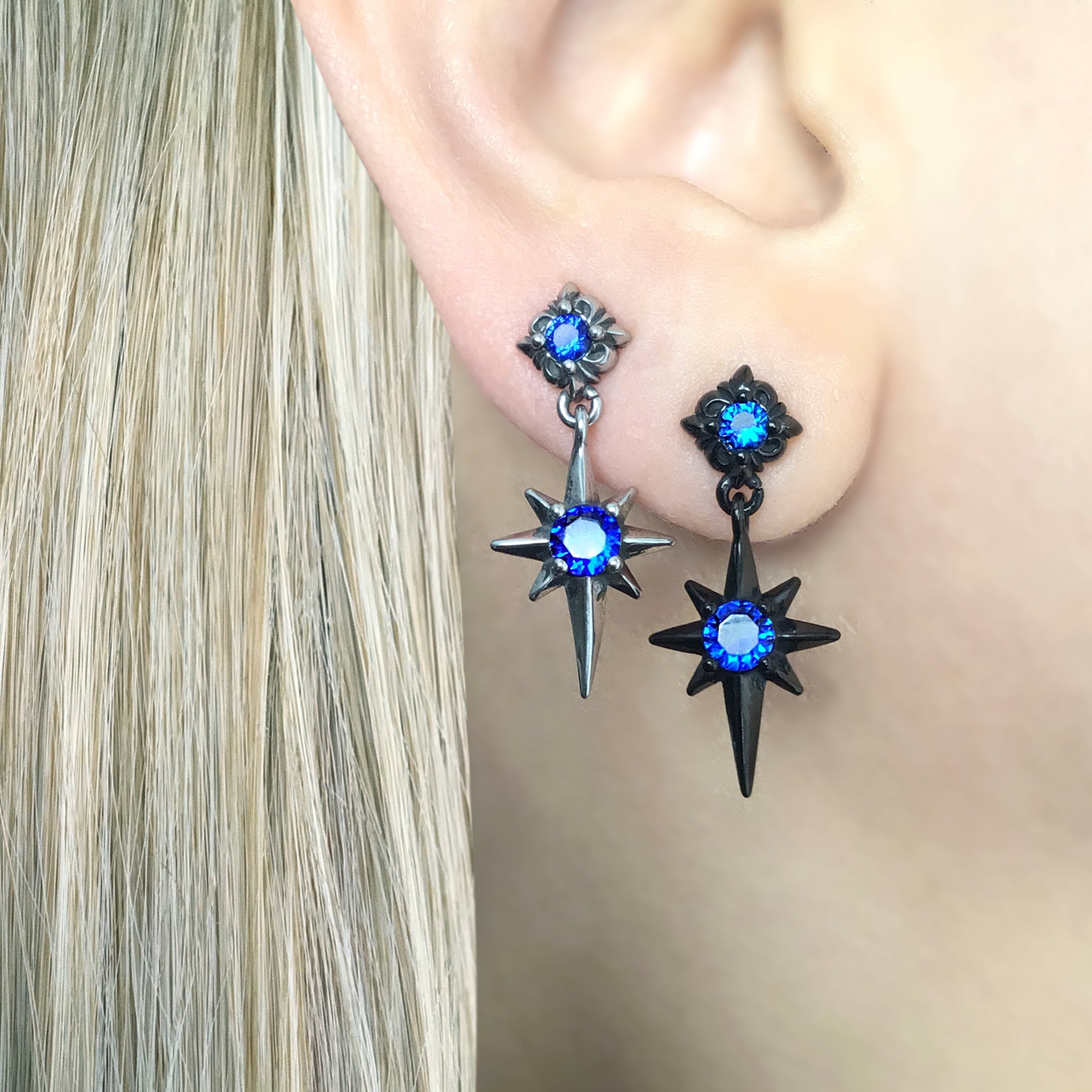 NORTH STAR STUDS WITH SAPPHIRE CZ IN SILVER