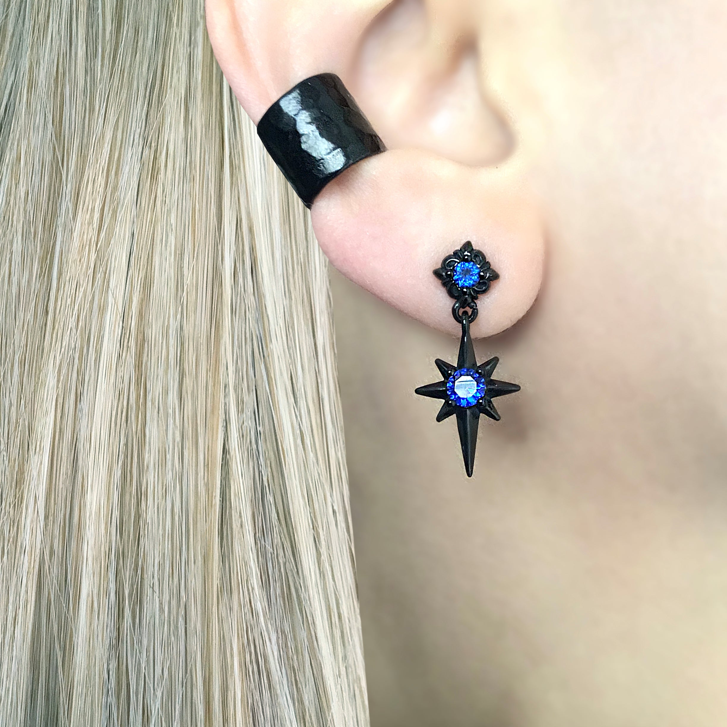 NORTH STAR STUDS WITH SAPPHIRE CZ IN BLACK