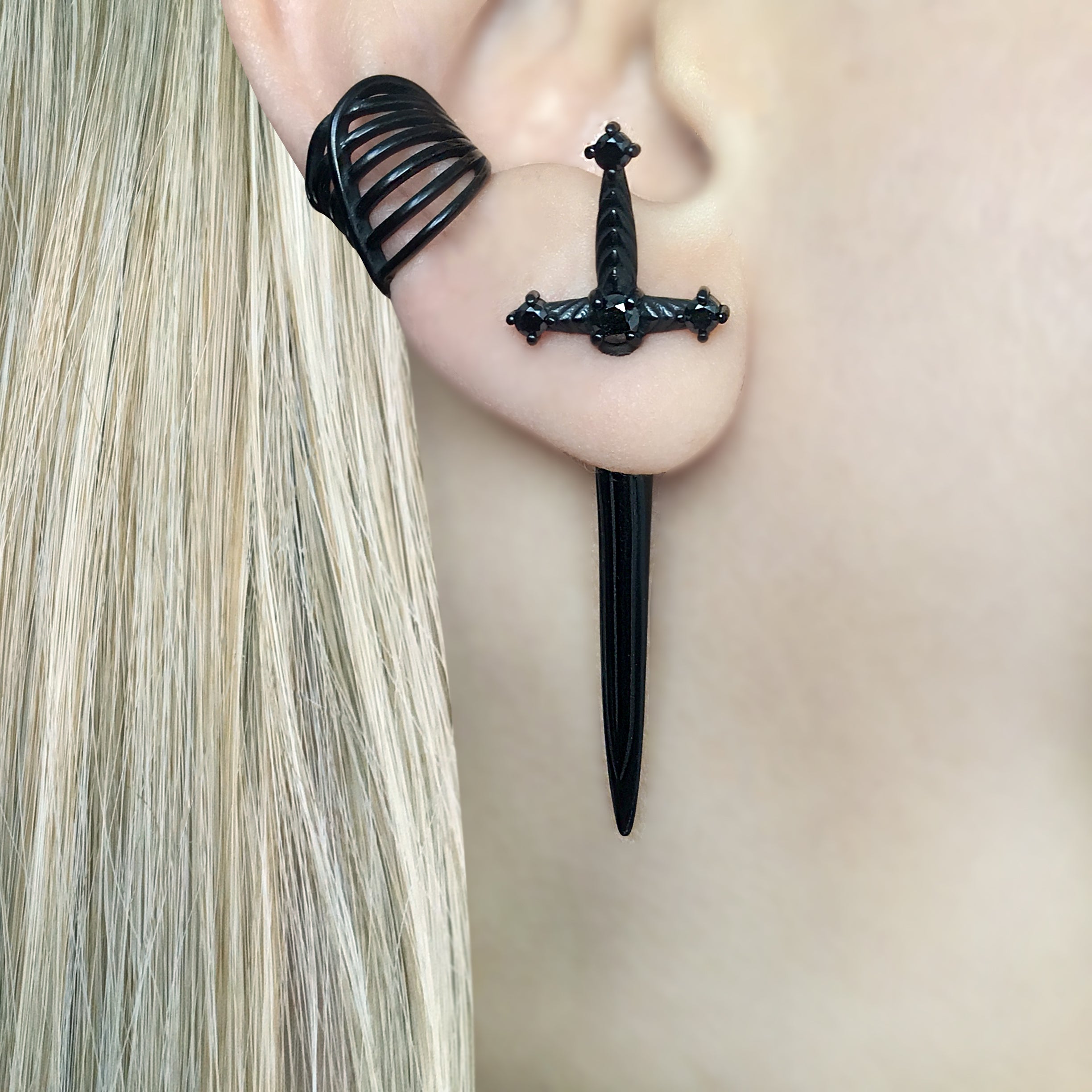 SWORD EARRINGS WITH BLACK CZ