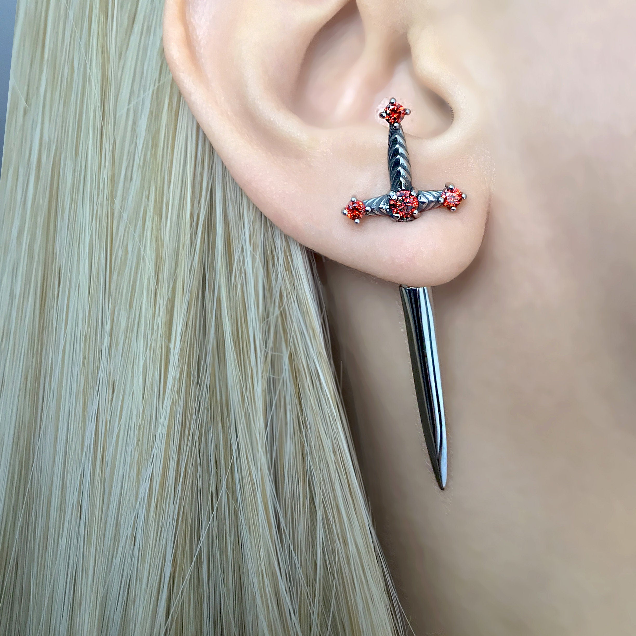 SWORD EARRING WITH RUBY CZ