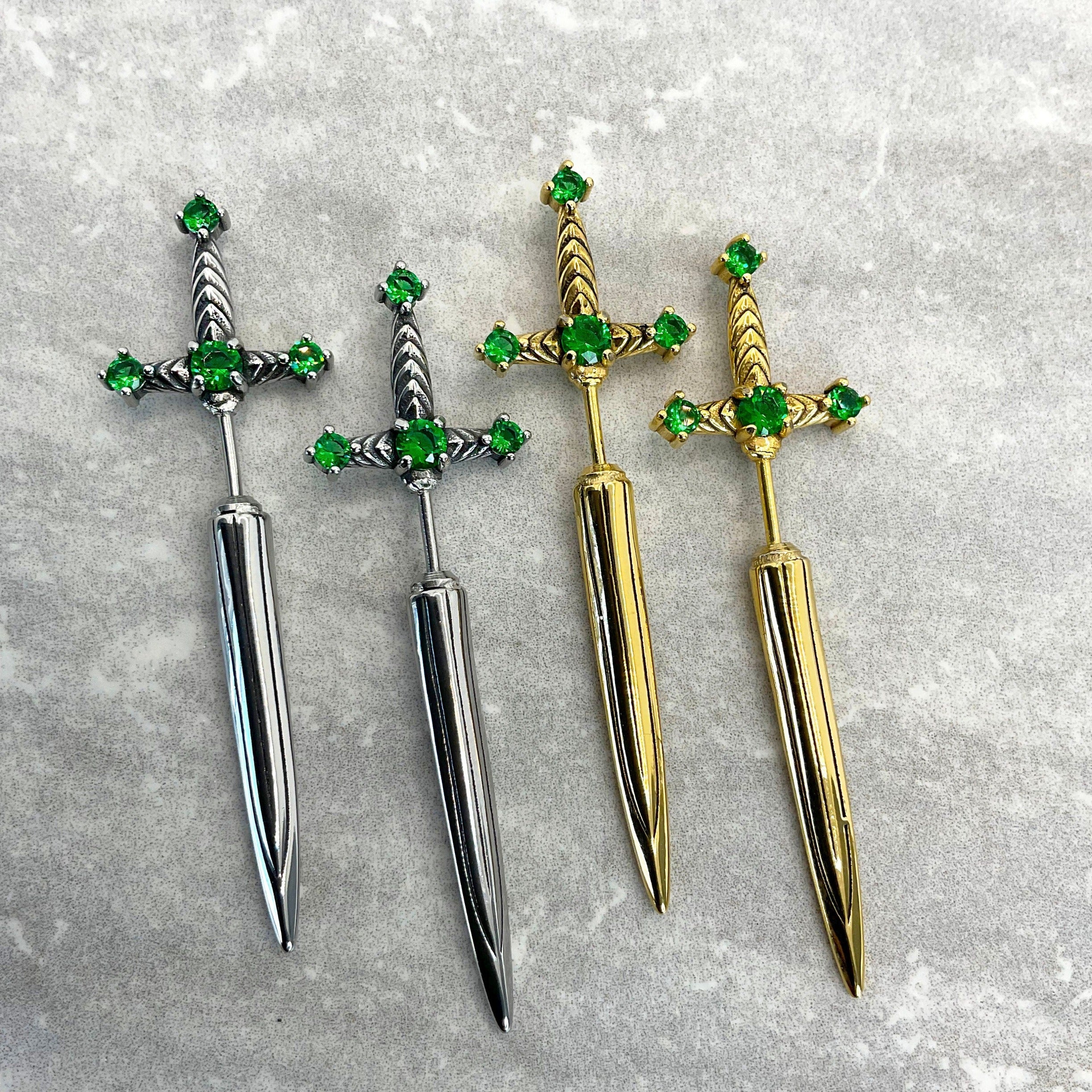 SWORD EARRINGS WITH EMERALD CZ