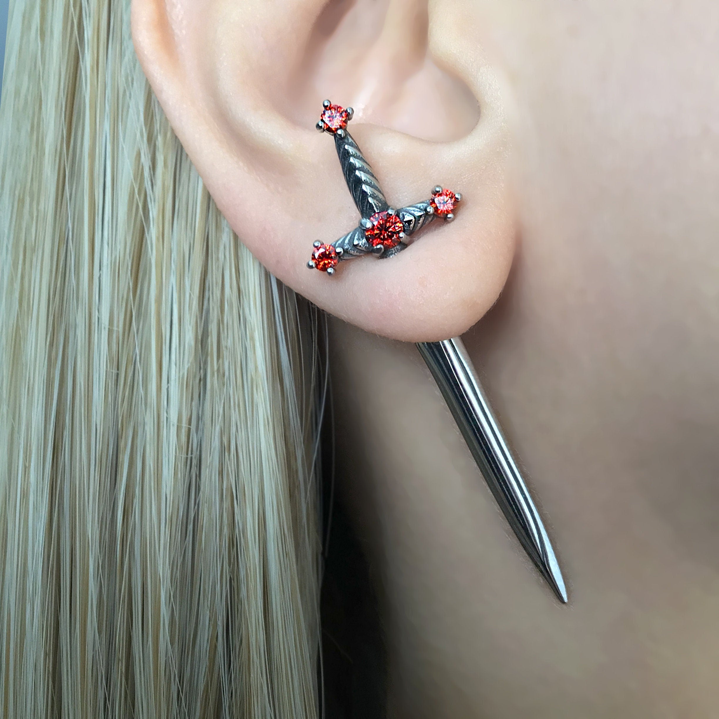 SWORD EARRING WITH RUBY CZ