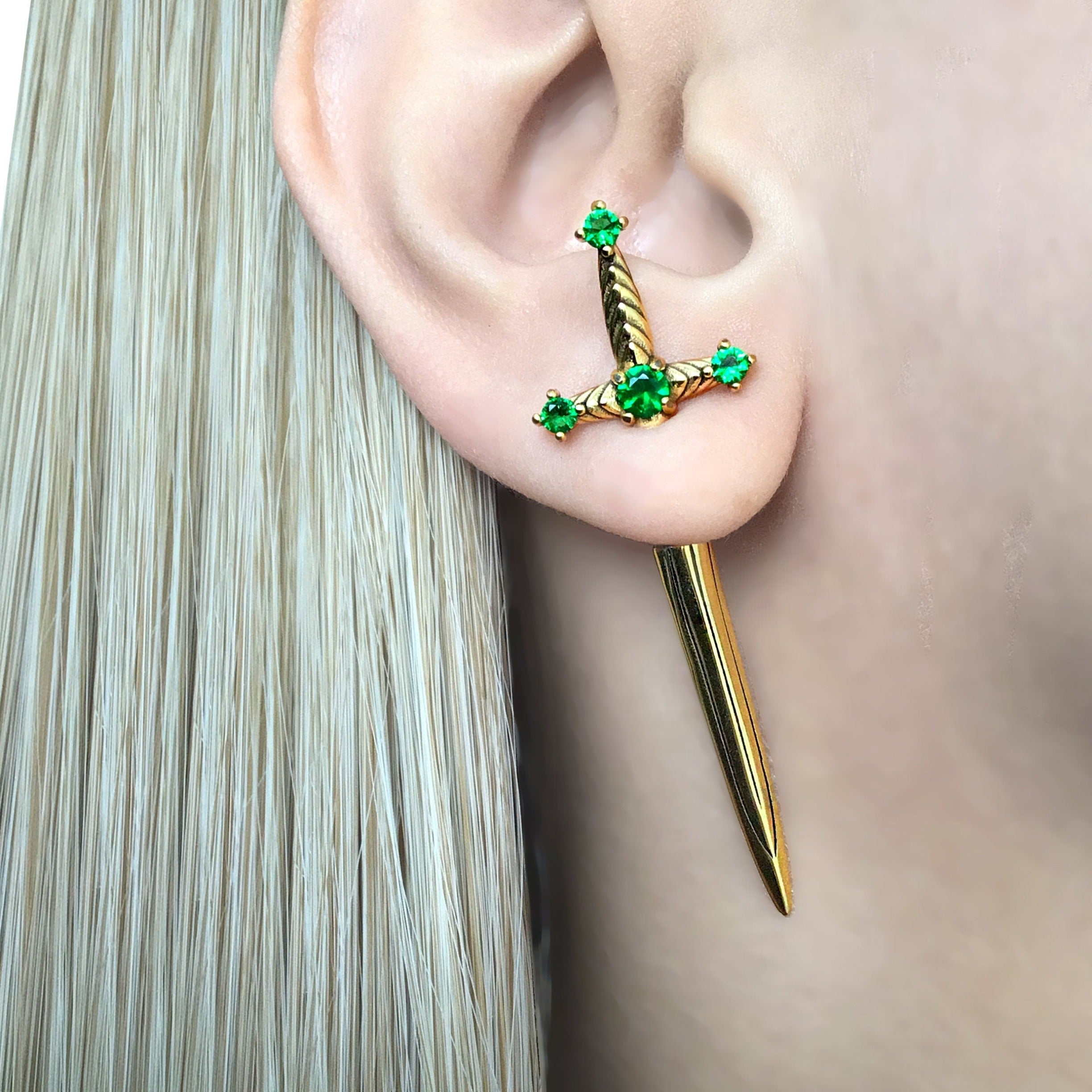 SWORD EARRINGS WITH EMERALD CZ