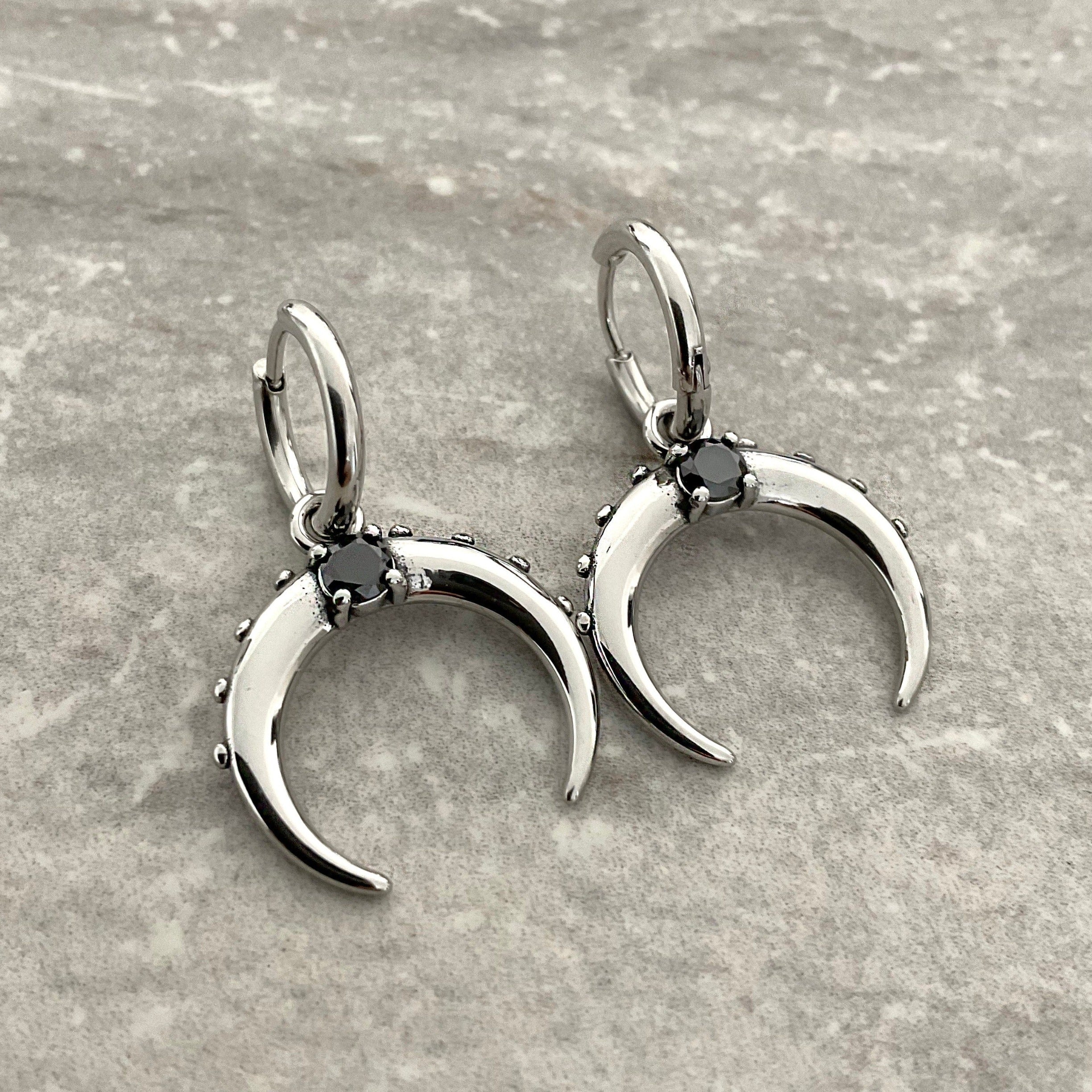 MOON HOOPS WITH BLACK STONE